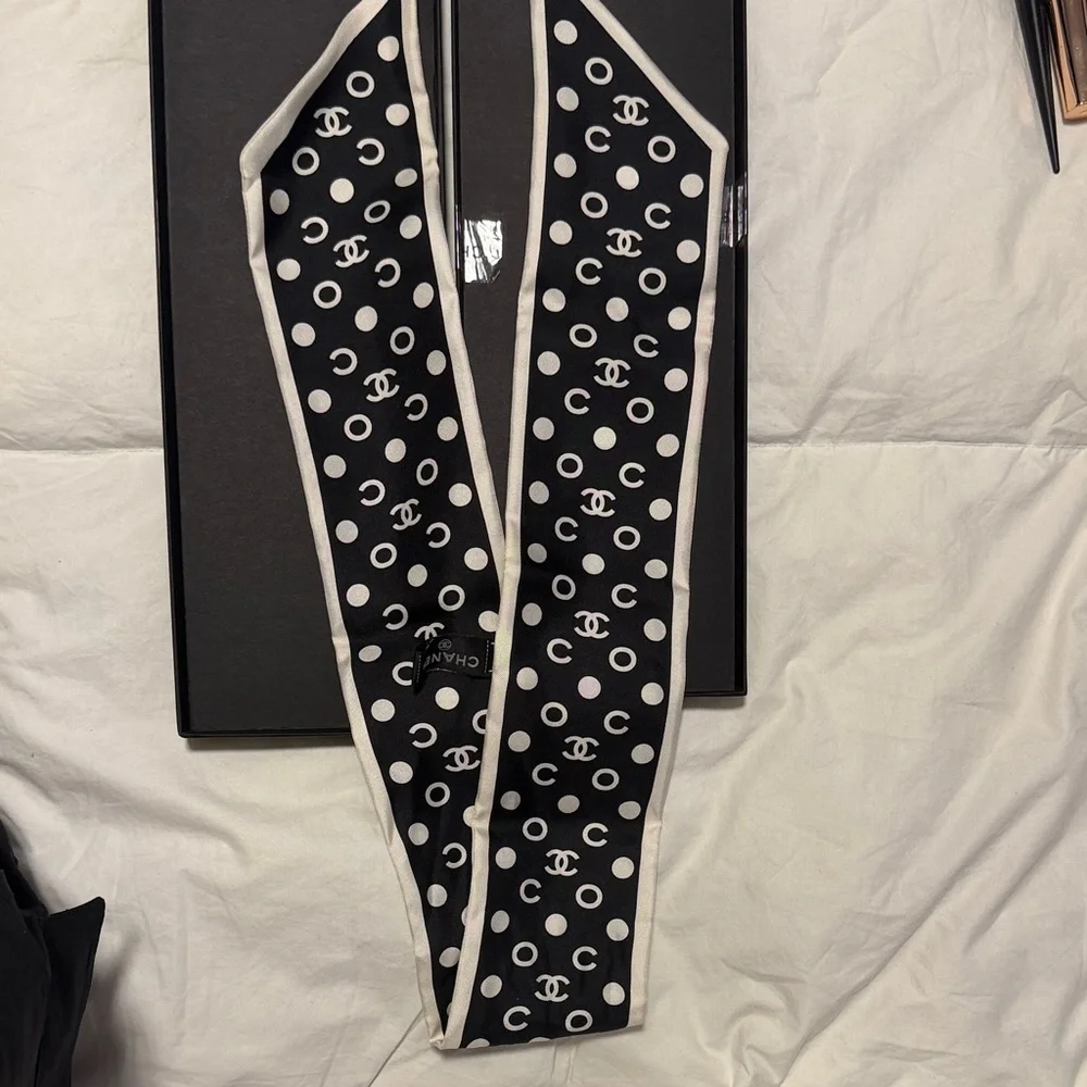 CHANEL Black and White Polka Dot Silk Twilly Scarf
